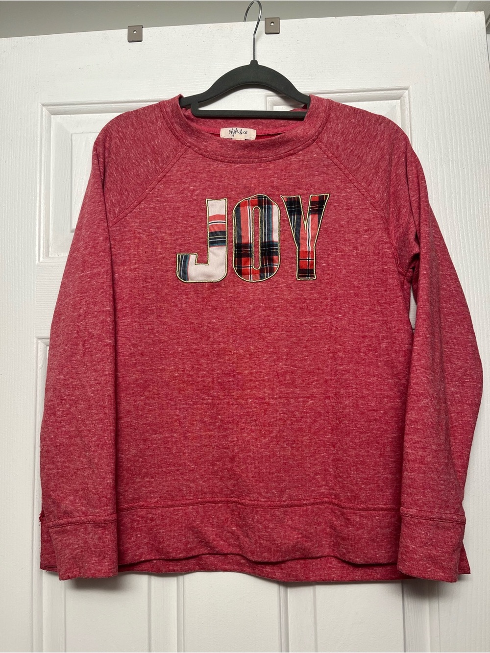 Style & Co. Red 'JOY' Plaid Appliqué Sweatshirt